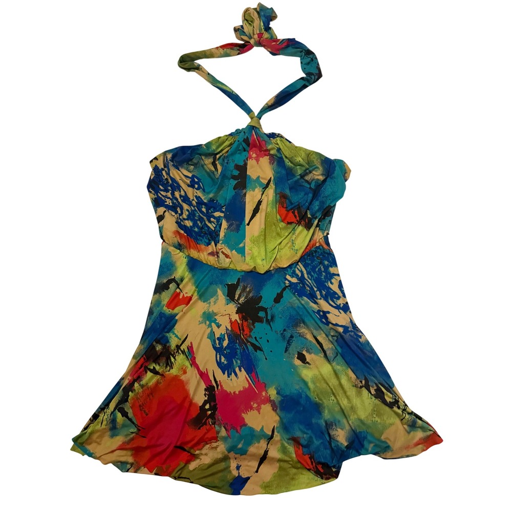 T-Bags Los Angeles Halter Mini Dress Y2K Abstract Print Multi Color Small